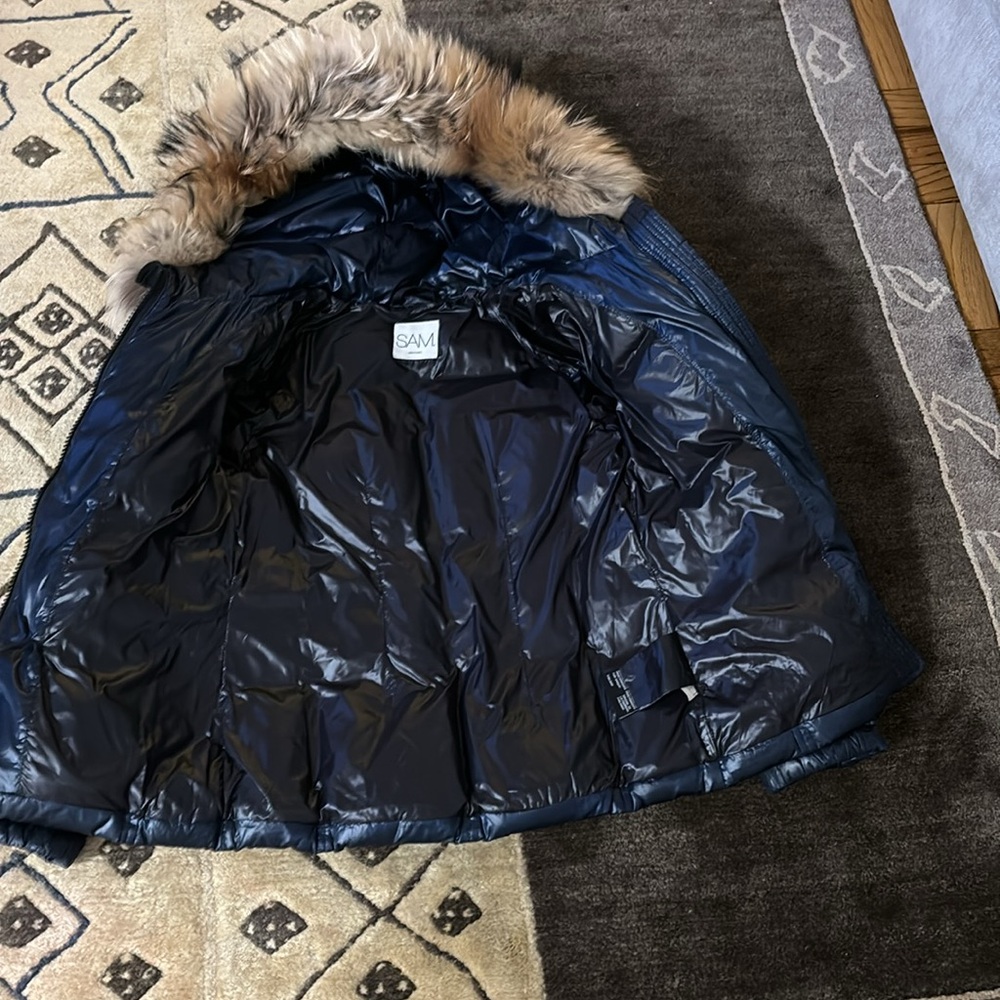 SAM. Shiny Navy Puffer Jacket with Faux Fur Hood - Picture 3 of 7